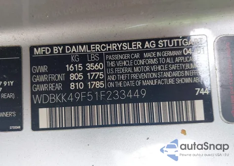 2001 Mercedes-Benz Slk 230 Kompressor z USA, uszkodzony, nr VIN WDBKK49F51F233449